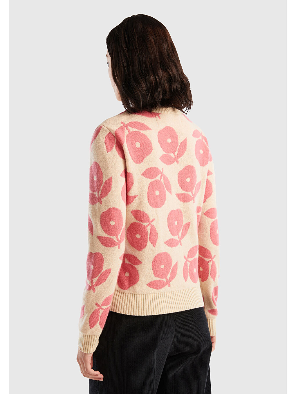 Kadın Bej Yün Karışımlı Çiçek Desenli Kazak-2