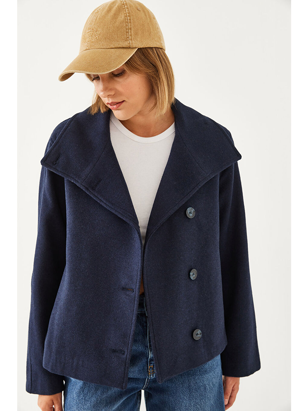 Lacivert Kadın Kruvaze Yaka Düğmeli Kaşe Ceket-5