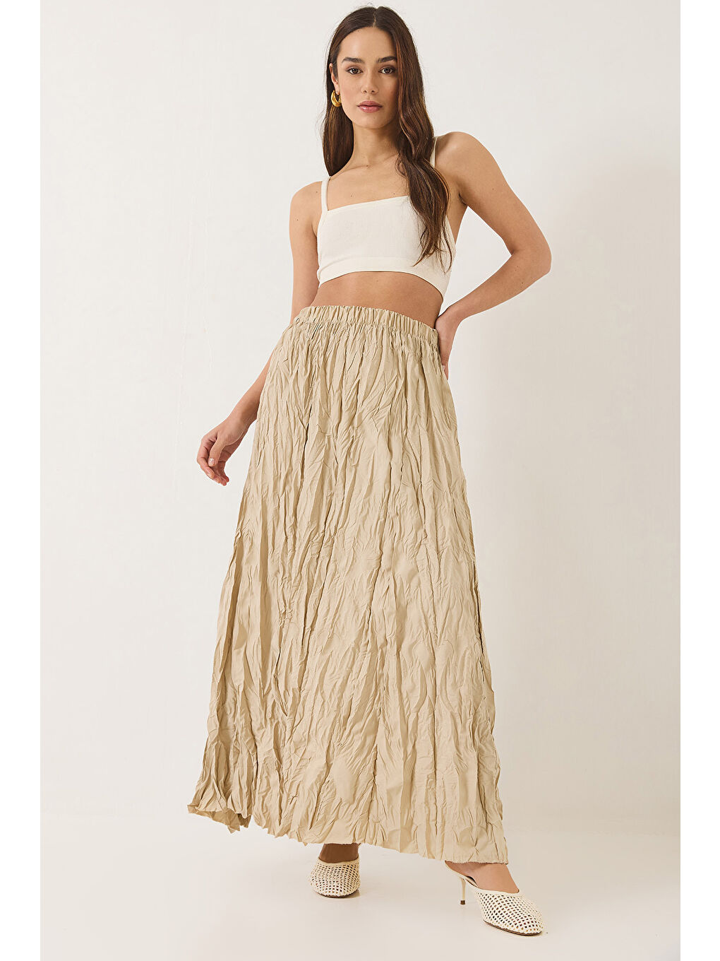 Bej Kadın Beli Lastikli Crush Efektli Uzun Etek