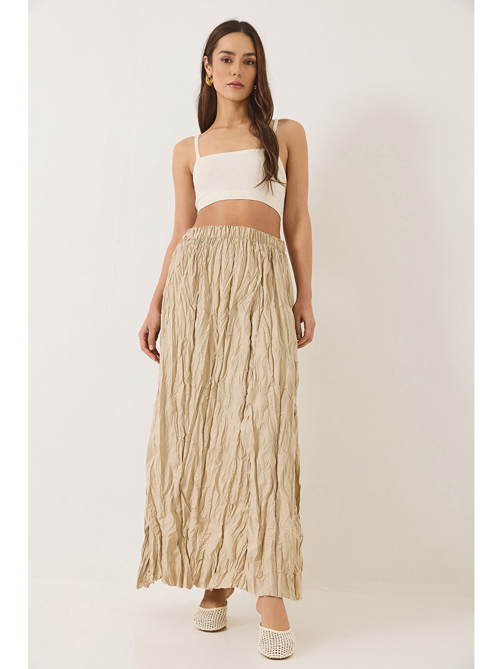 Bej Kadın Beli Lastikli Crush Efektli Uzun Etek-1