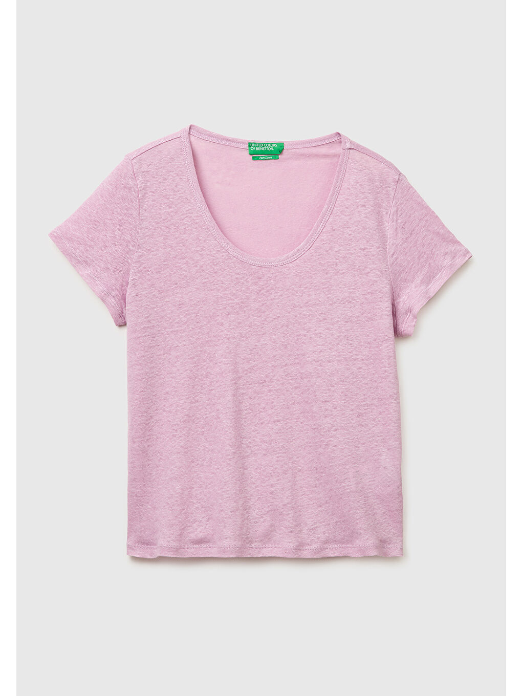 Kadın Açık Pembe %100 Keten Geniş Yaka Kısa Kollu T-Shirt