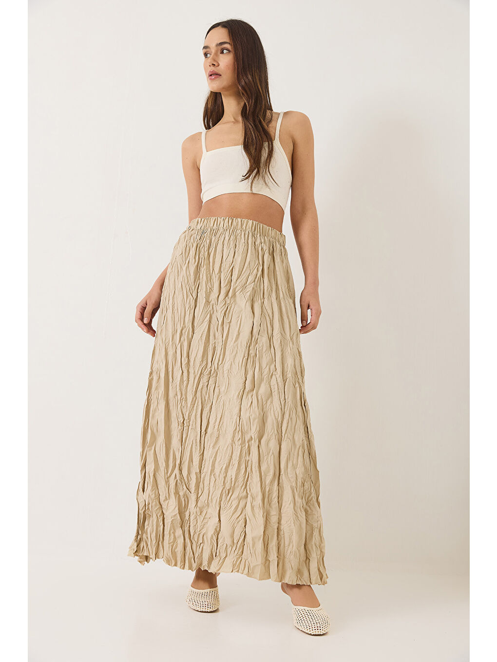 Bej Kadın Beli Lastikli Crush Efektli Uzun Etek-2