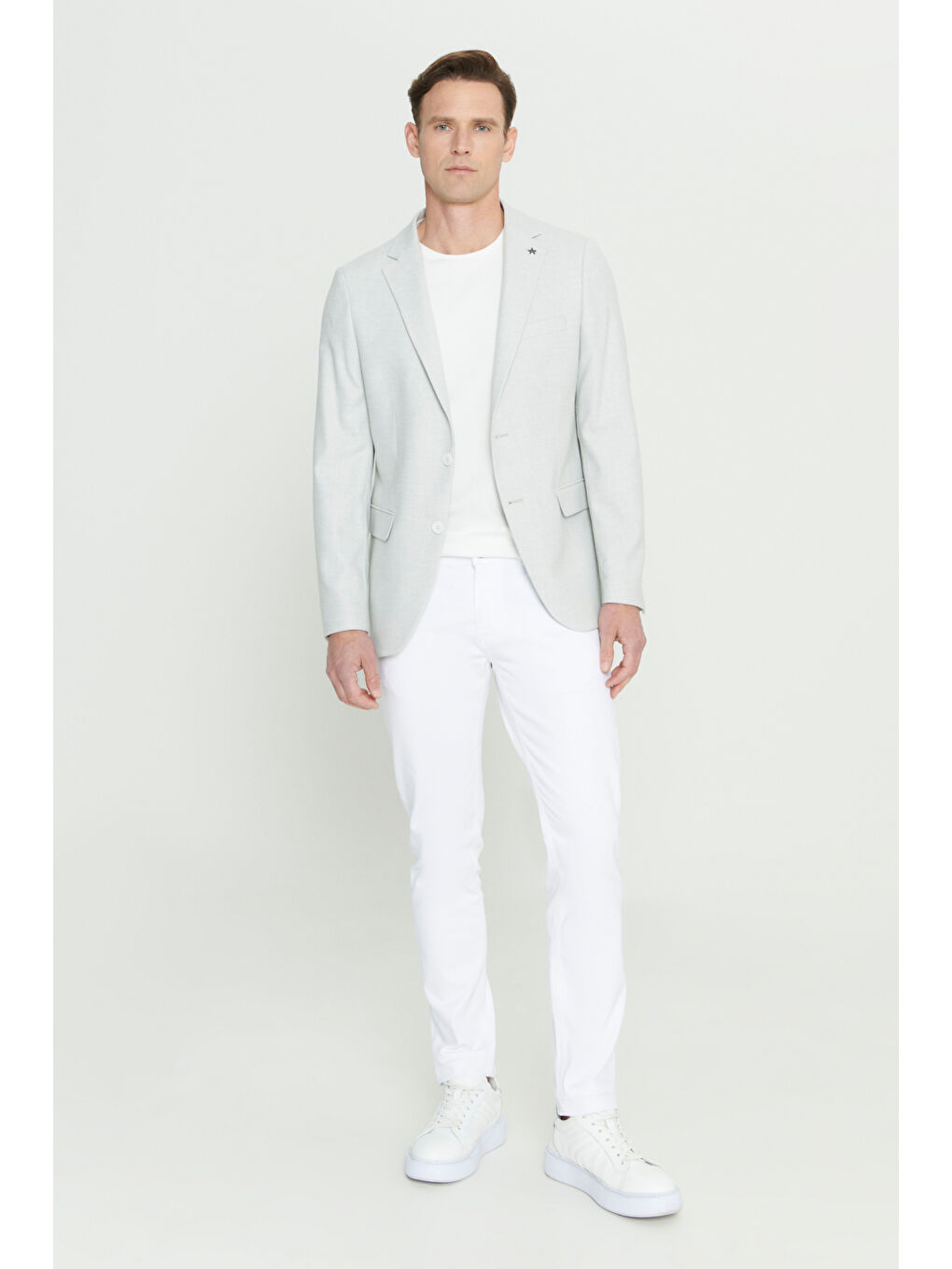 Erkek Açık Gri Slim Fit Dar Kesim Mono Yaka Armürlü Ceket-1