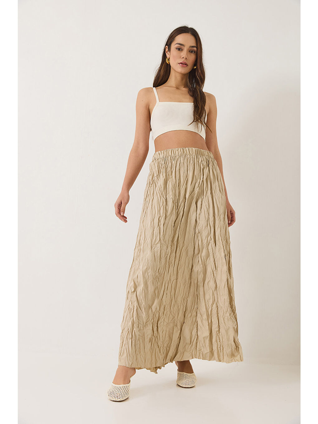 Bej Kadın Beli Lastikli Crush Efektli Uzun Etek-3