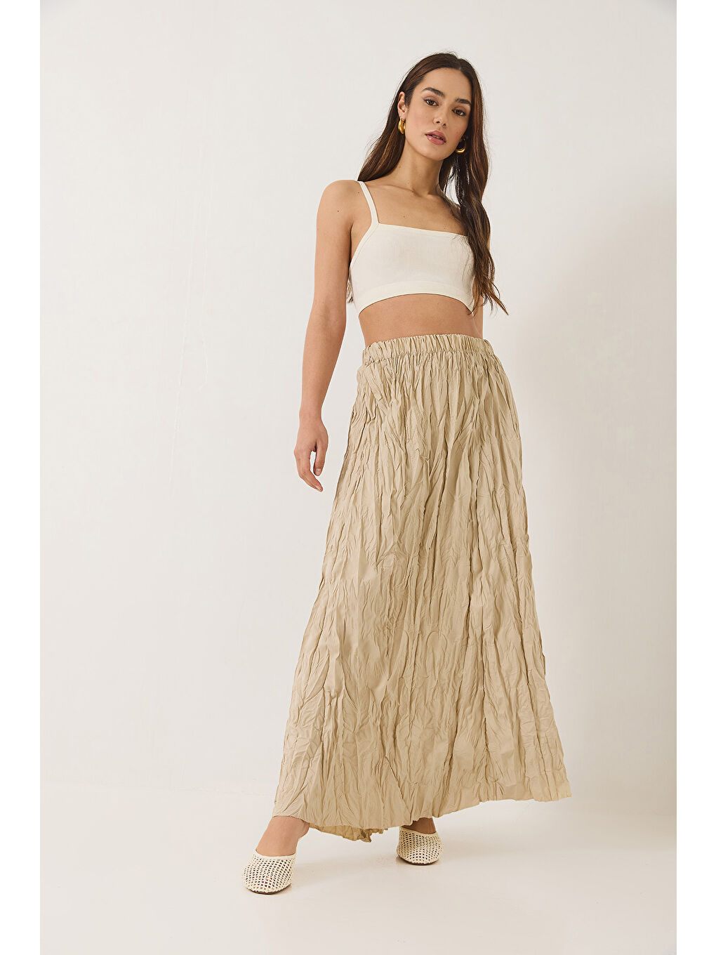 Bej Kadın Beli Lastikli Crush Efektli Uzun Etek-4