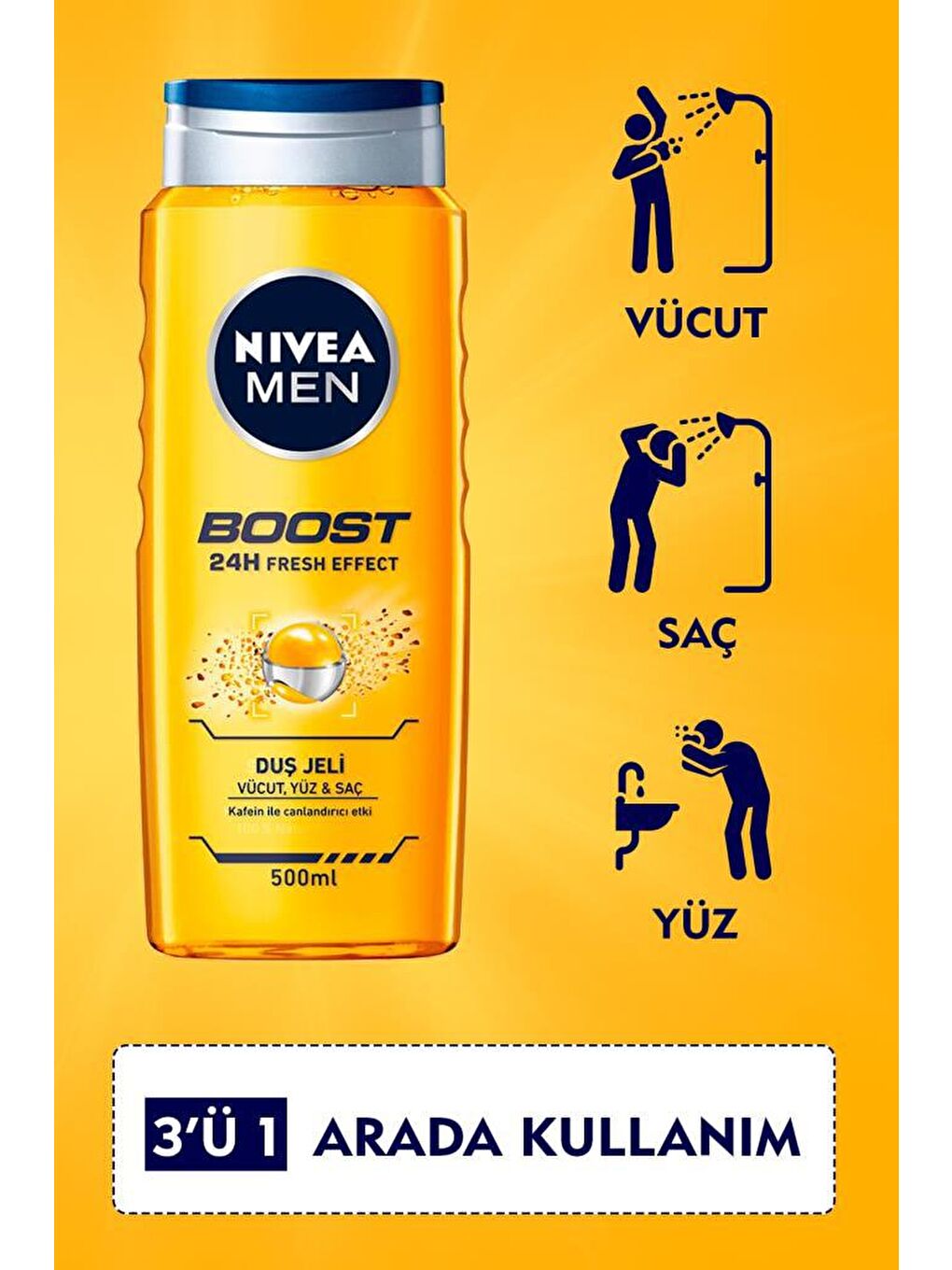 NIVEA Şeffaf Men Boost Duş Jeli 500 ml, 3'Ü 1 Arada Komple Bakım, Vücut, Saç Ve Yüz Için - 1