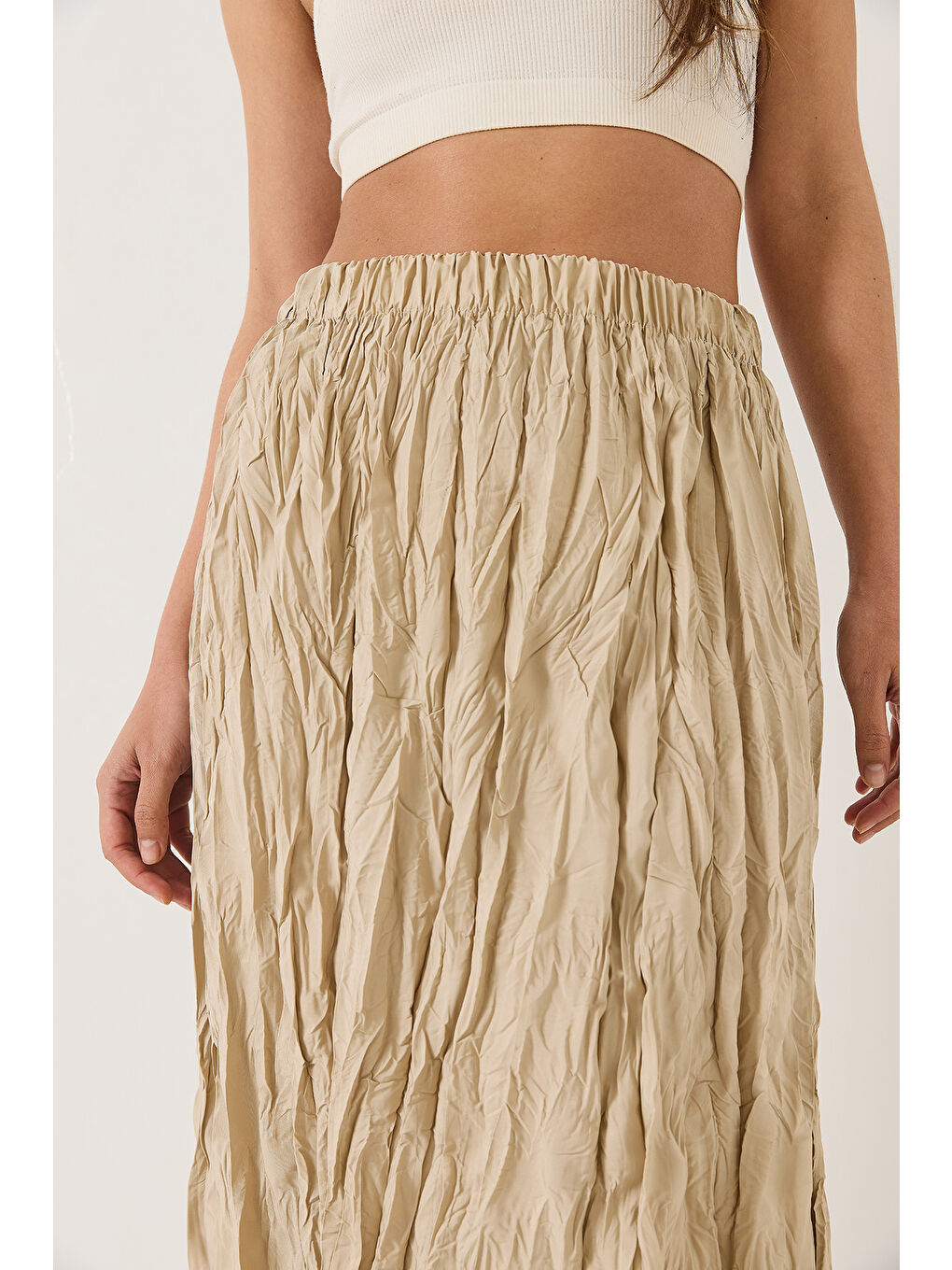 Bej Kadın Beli Lastikli Crush Efektli Uzun Etek-5