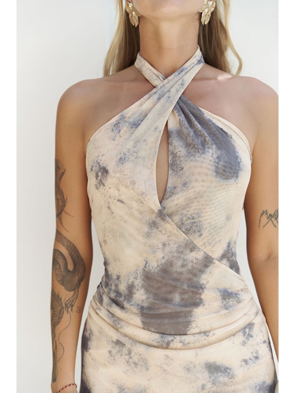 Keefnes Kruvaze Sarı Uzun Elbise-7