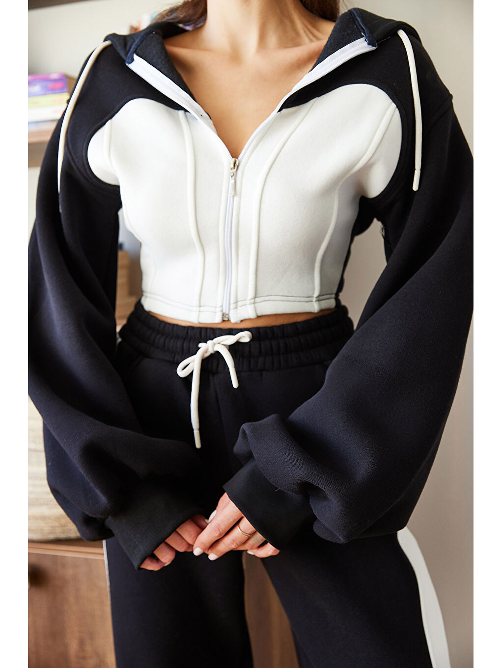 Siyah Kadın Üç İplik Şardonlu Alt Üst Takım-3