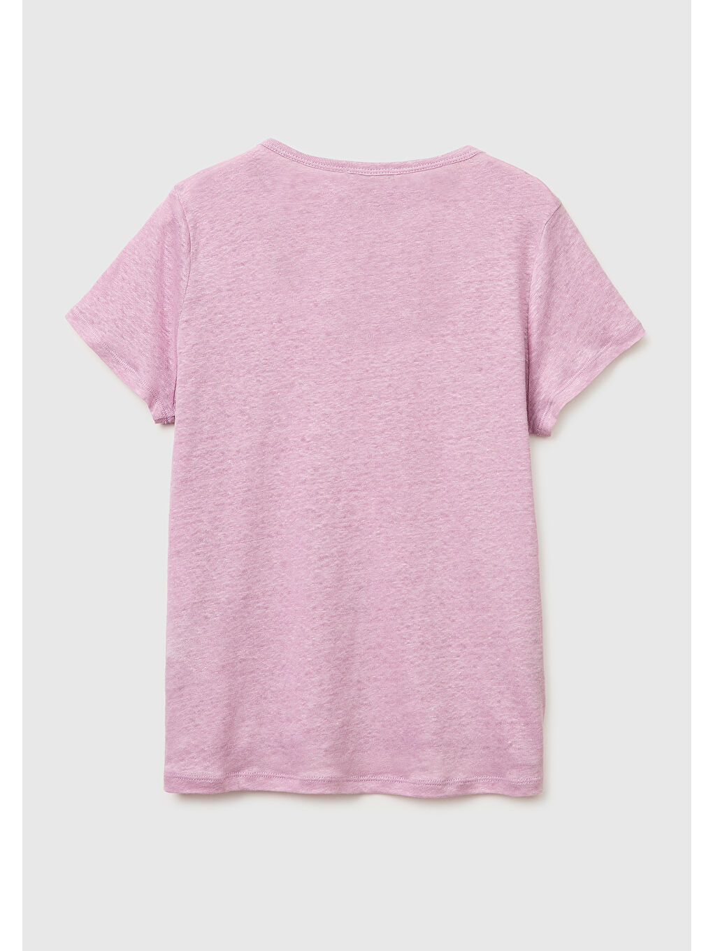 Kadın Açık Pembe %100 Keten Geniş Yaka Kısa Kollu T-Shirt-1