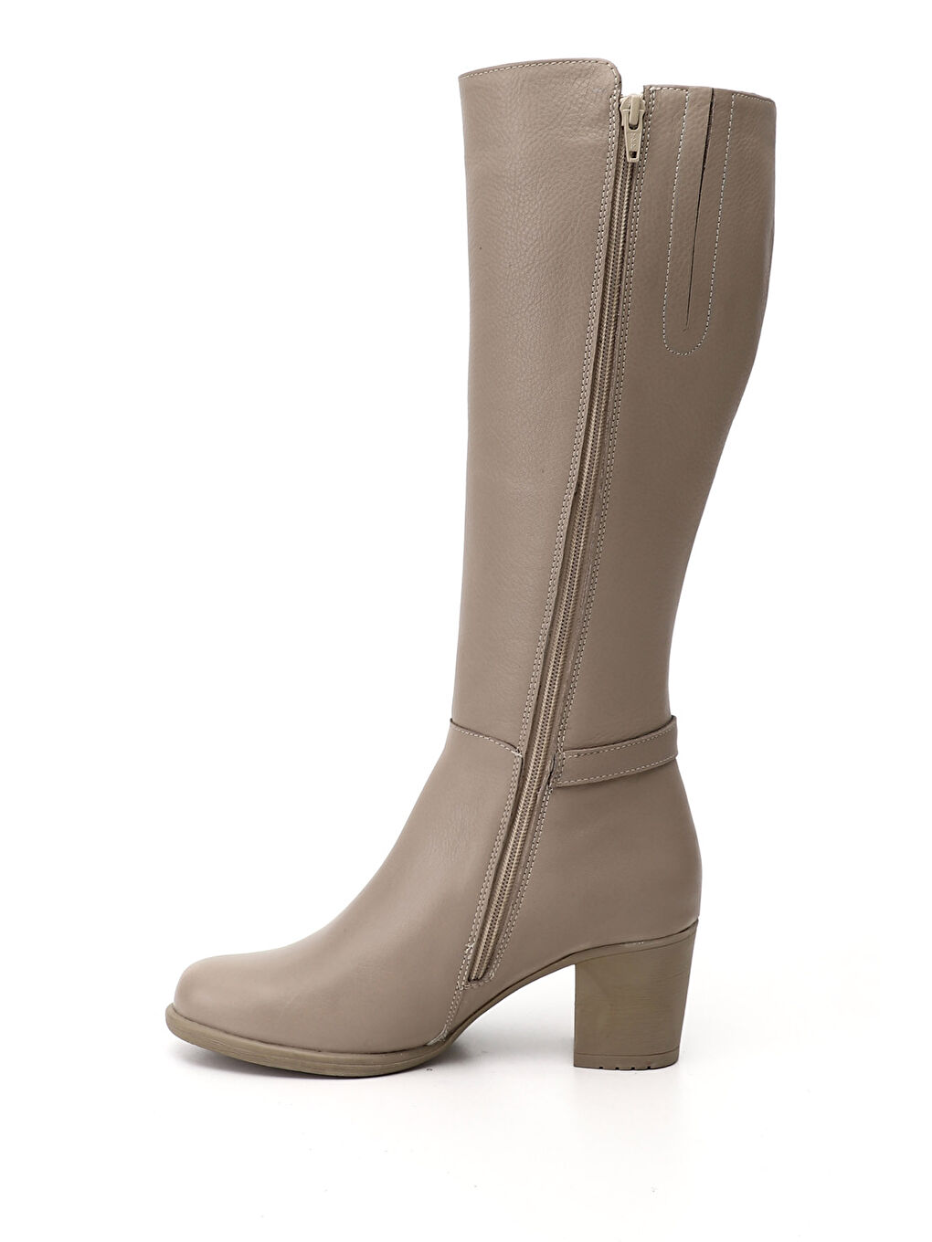 Bej Kadın YENİ BEJ Fermuarlı Kalın Topuklu Hakiki Deri Çizme-2