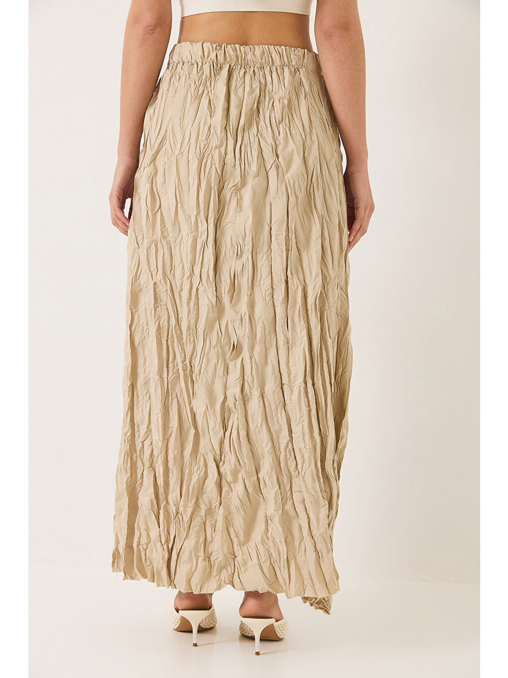 Bej Kadın Beli Lastikli Crush Efektli Uzun Etek-6