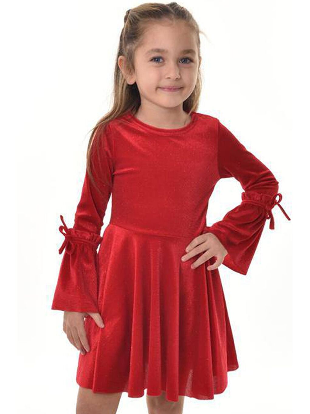 Kız Çocuk İspanyol Kollu İp Bağlamalı Simli Kırmızı Kadife Elbise 3-12Yaş-5