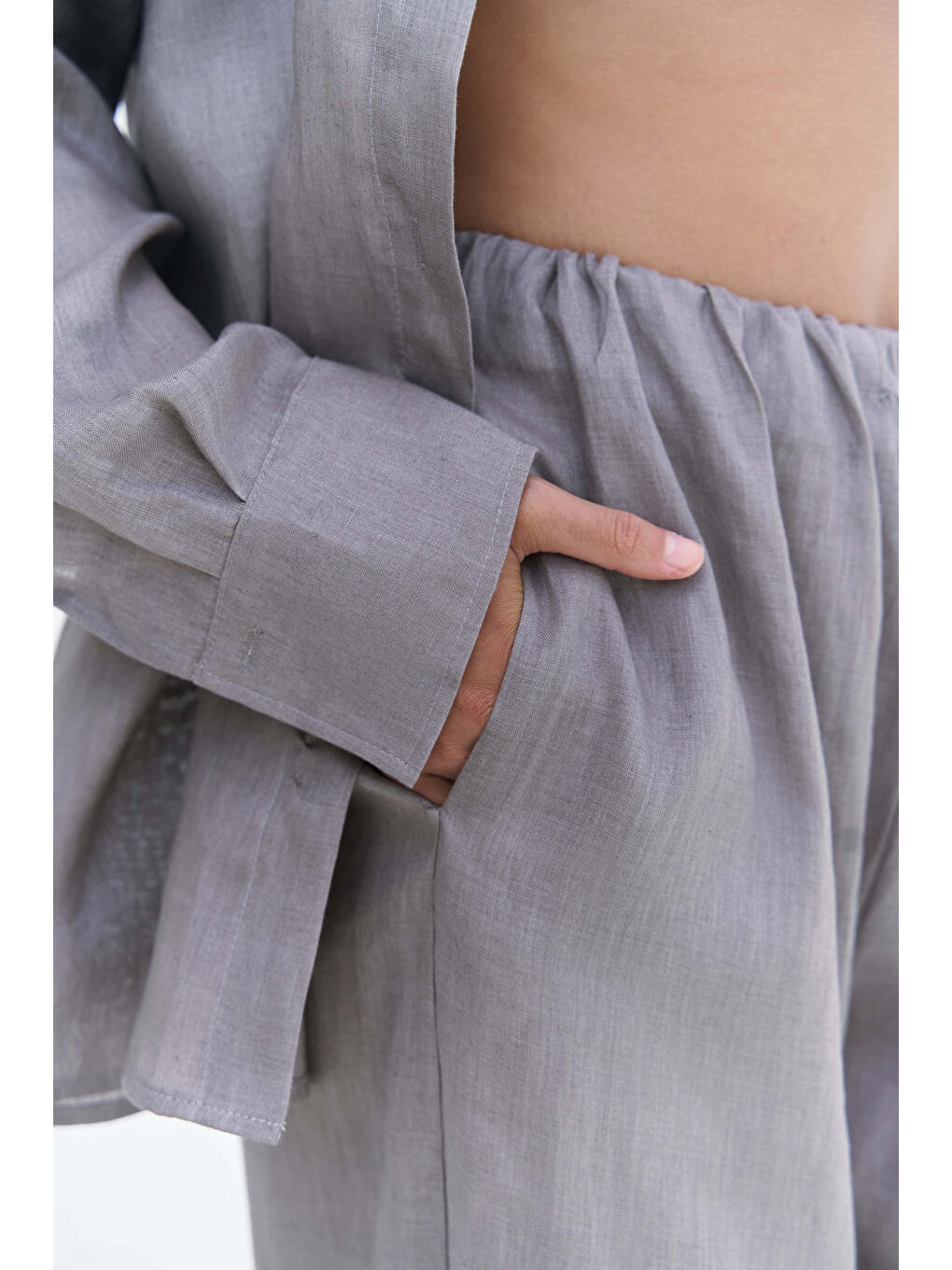 Gri Jelsomina Oversize Füme Keten Gömlek Pantolon Takım-7