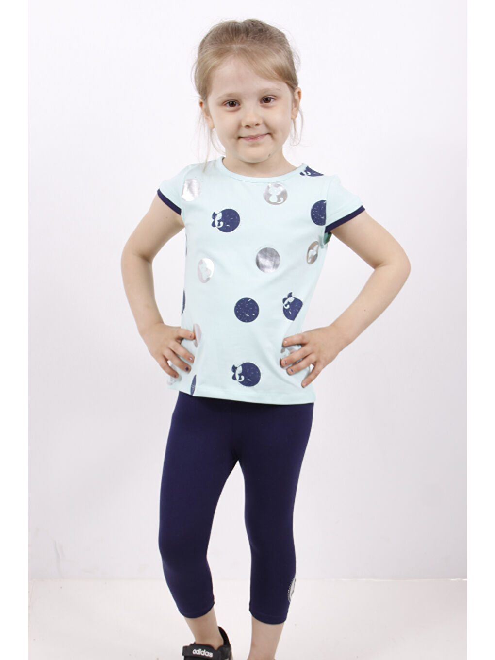 Toontoykids Mint Yeşil Kız Çocuk Varaklı Kedi Baskılı Taytlı Takım