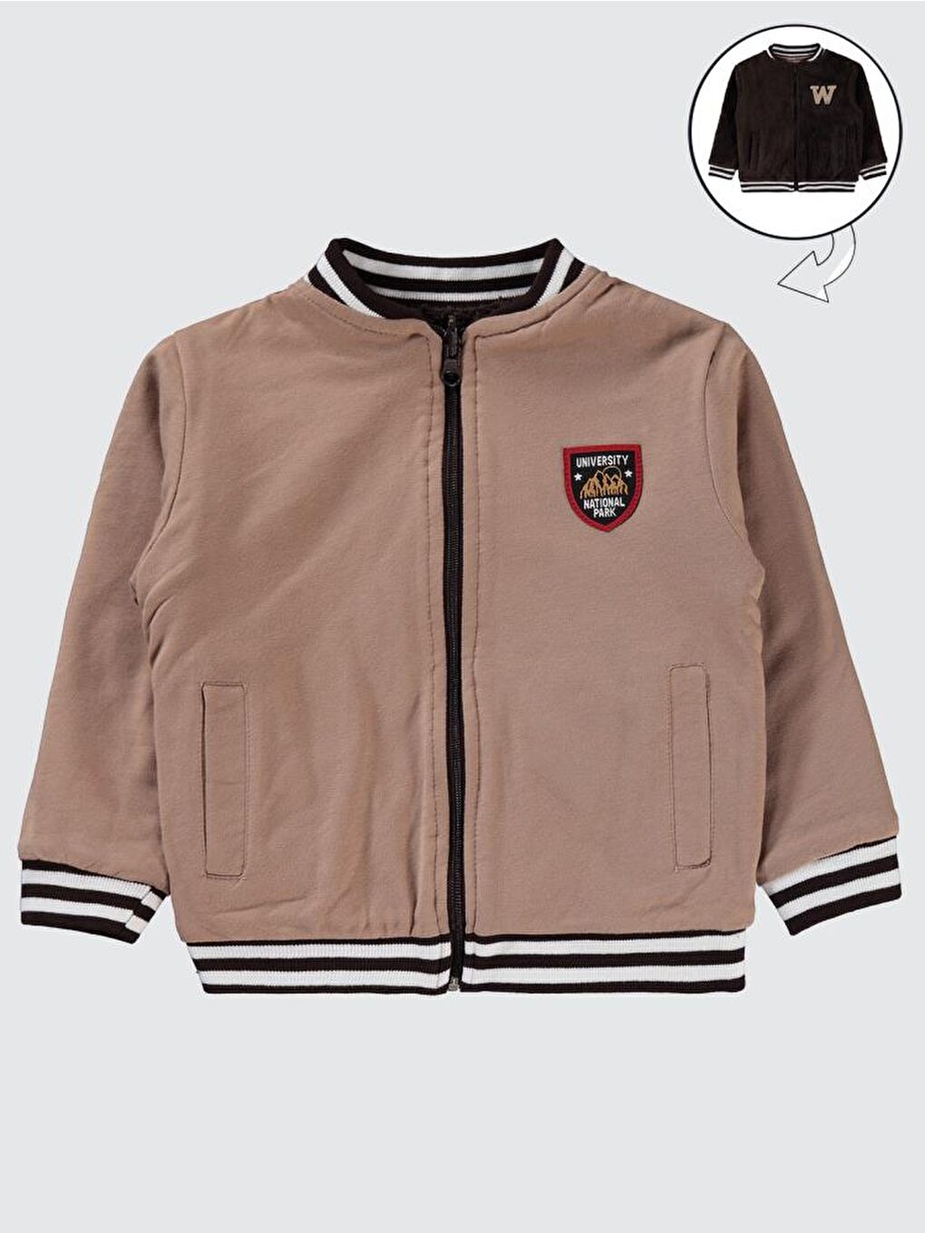 W Nakışlı Çift Taraflı 2-5 Yaş Hırka - Kahverengi 2-3 Yaş-1