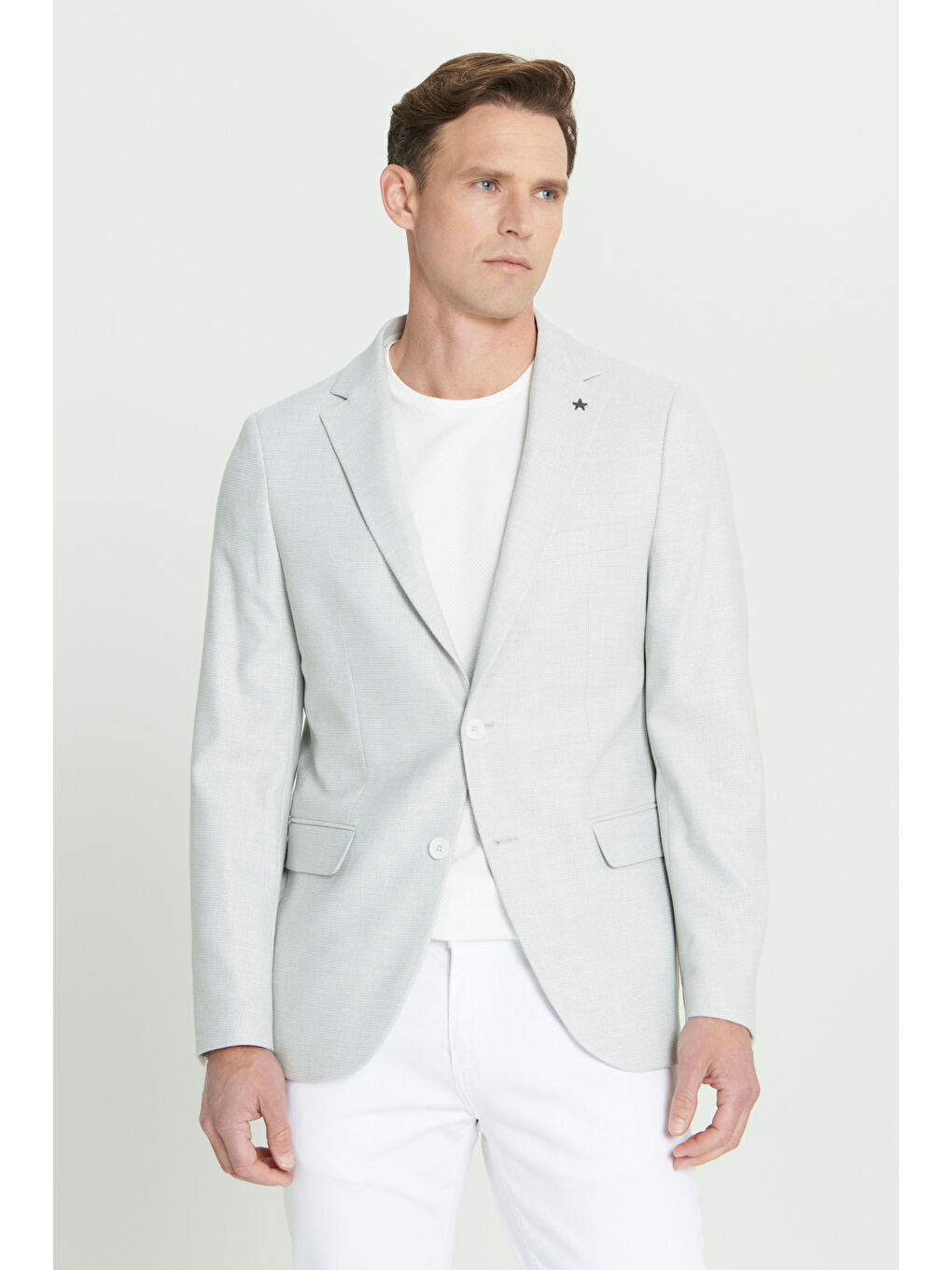 Erkek Açık Gri Slim Fit Dar Kesim Mono Yaka Armürlü Ceket-3
