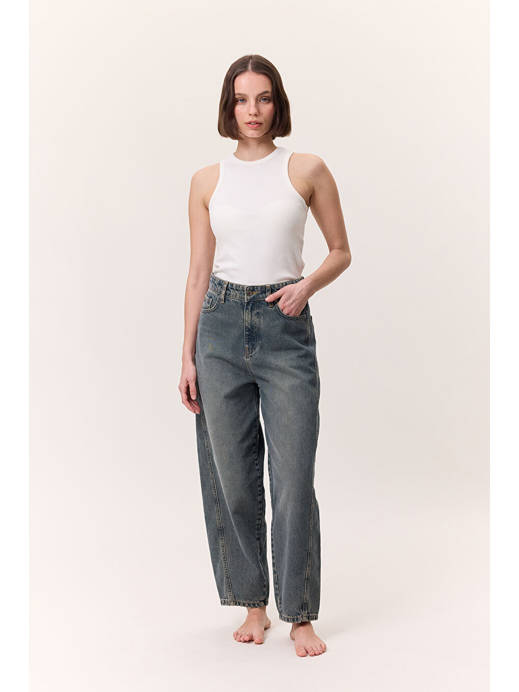 Bol Baggy Fıt Jean Gri Mavi-1