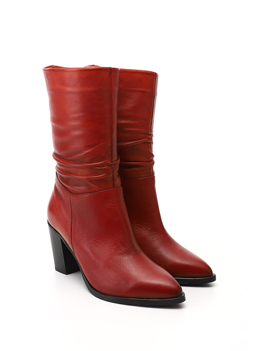 Kırmızı Kadın CANLI KIRMIZI Sivri Burun Körüklü Kalın Topuklu Hakiki Deri Çizme-1