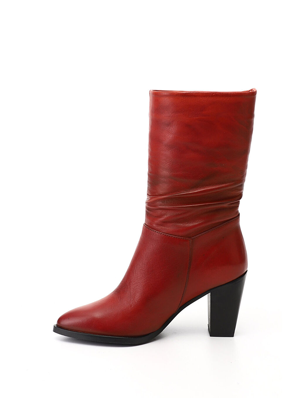 Kırmızı Kadın CANLI KIRMIZI Sivri Burun Körüklü Kalın Topuklu Hakiki Deri Çizme-2