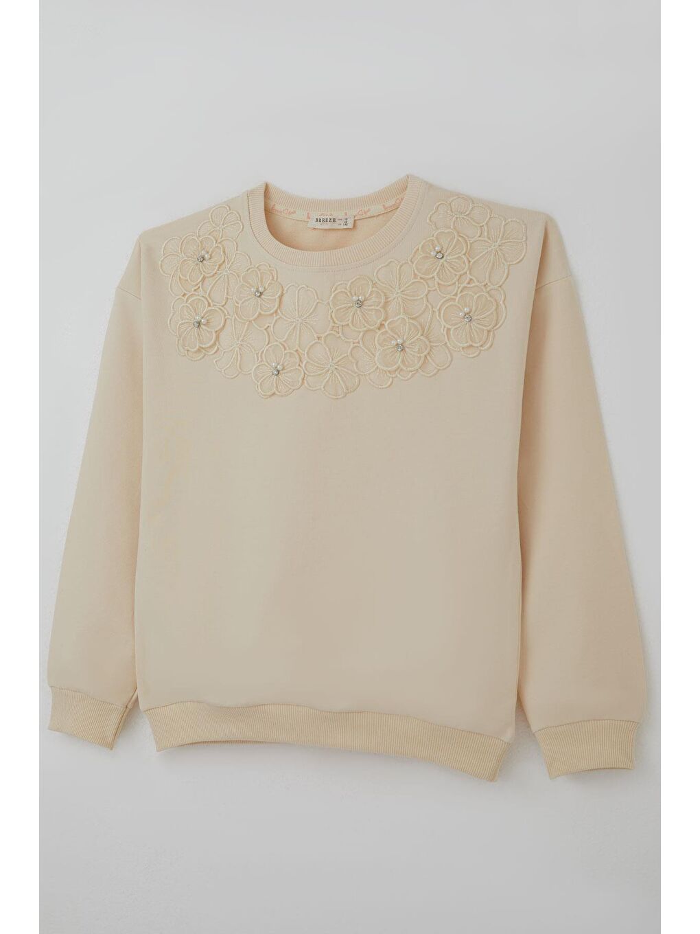 Ekru Kız Çocuk Sweatshirt İncili Çiçek Nakışlı Krem (9-14 Yaş)-2