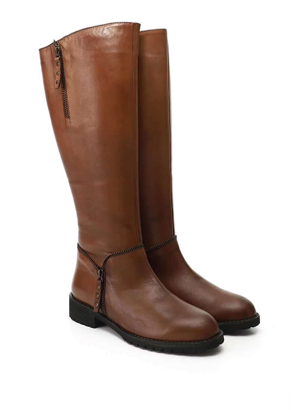 Kahverengi Kadın KAHVERENGİ-TABA Fermuarlı Kauçuk Taban Hakiki Deri Çizme-1
