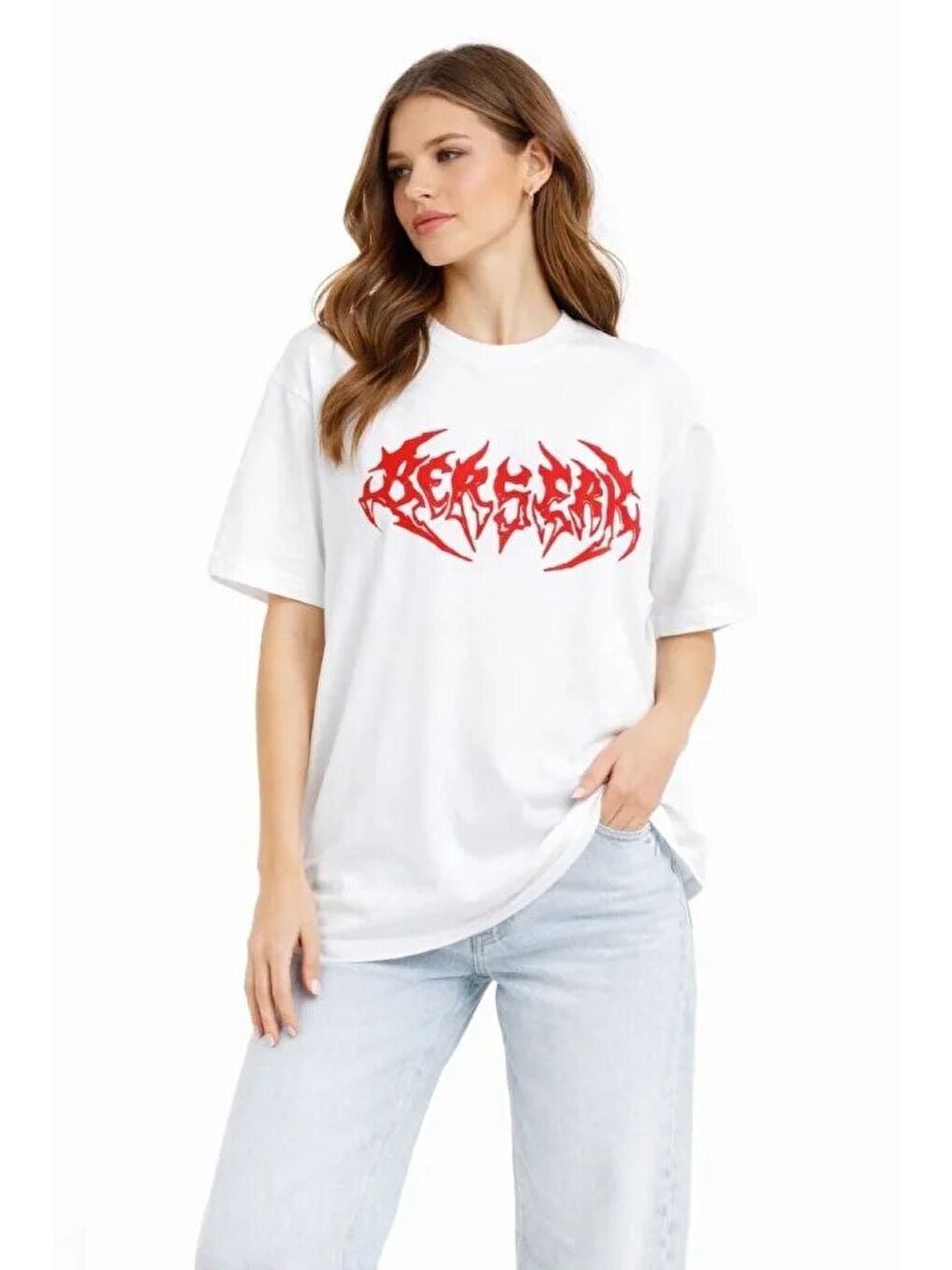 Baskılı T-Shirt Yazlık Kısa Kol Bisiklet Yaka Rahat Kalıp Tişört - Beyaz-1