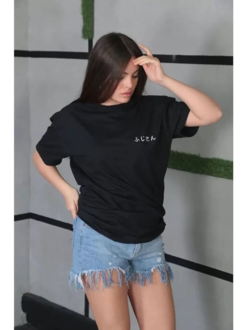 Unisex Bisiklet Yaka Baskılı Oversize T-Shirt - Siyah