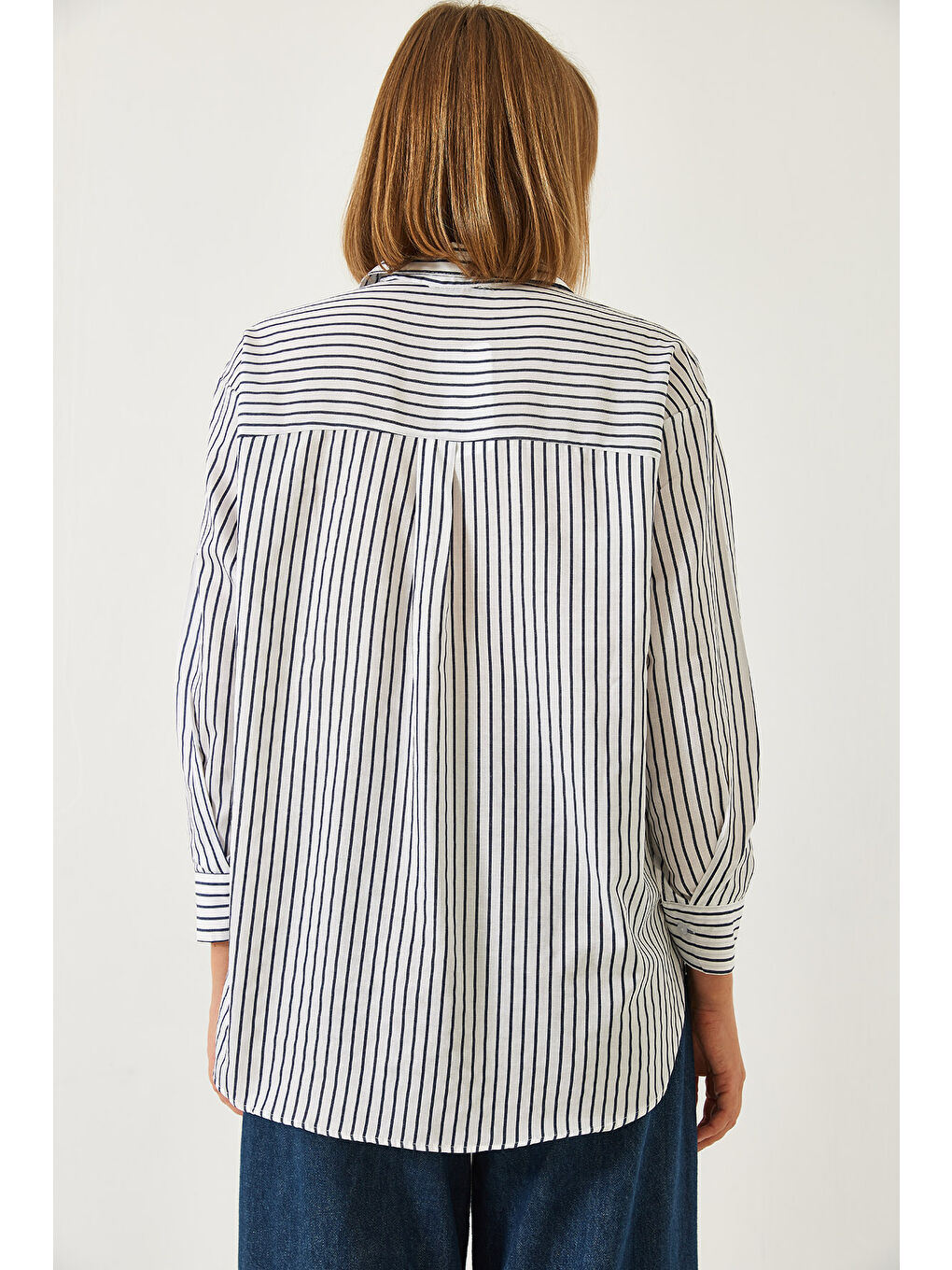 Beyaz Kadın Nakış Kalp İşlemeli Çizgili Gömlek-6