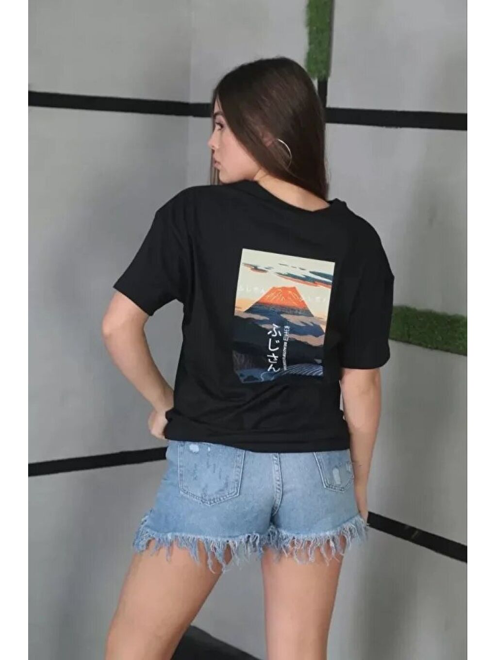 Unisex Bisiklet Yaka Baskılı Oversize T-Shirt - Siyah-1