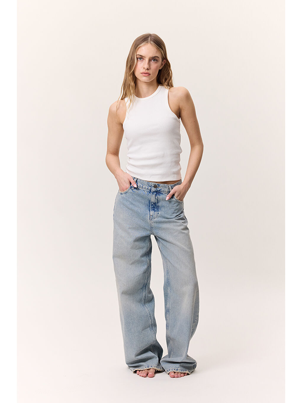 Orta Bel Loose Fıt Jean Açık Mavi-2