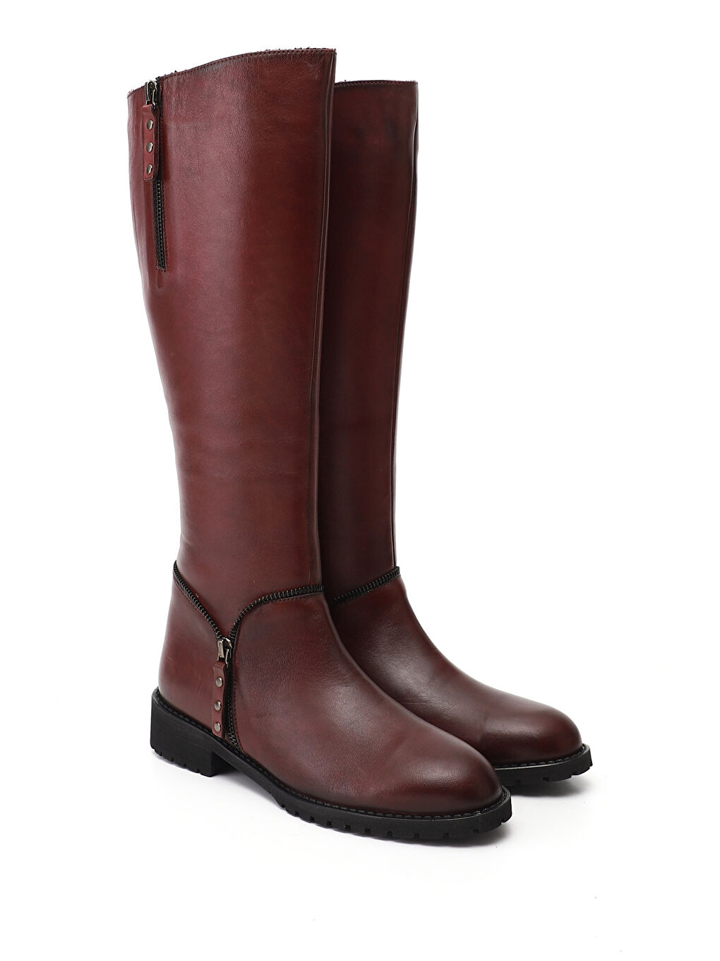 Bordo Kadın AÇIK BORDO Fermuarlı Kauçuk Taban Hakiki Deri Çizme-1