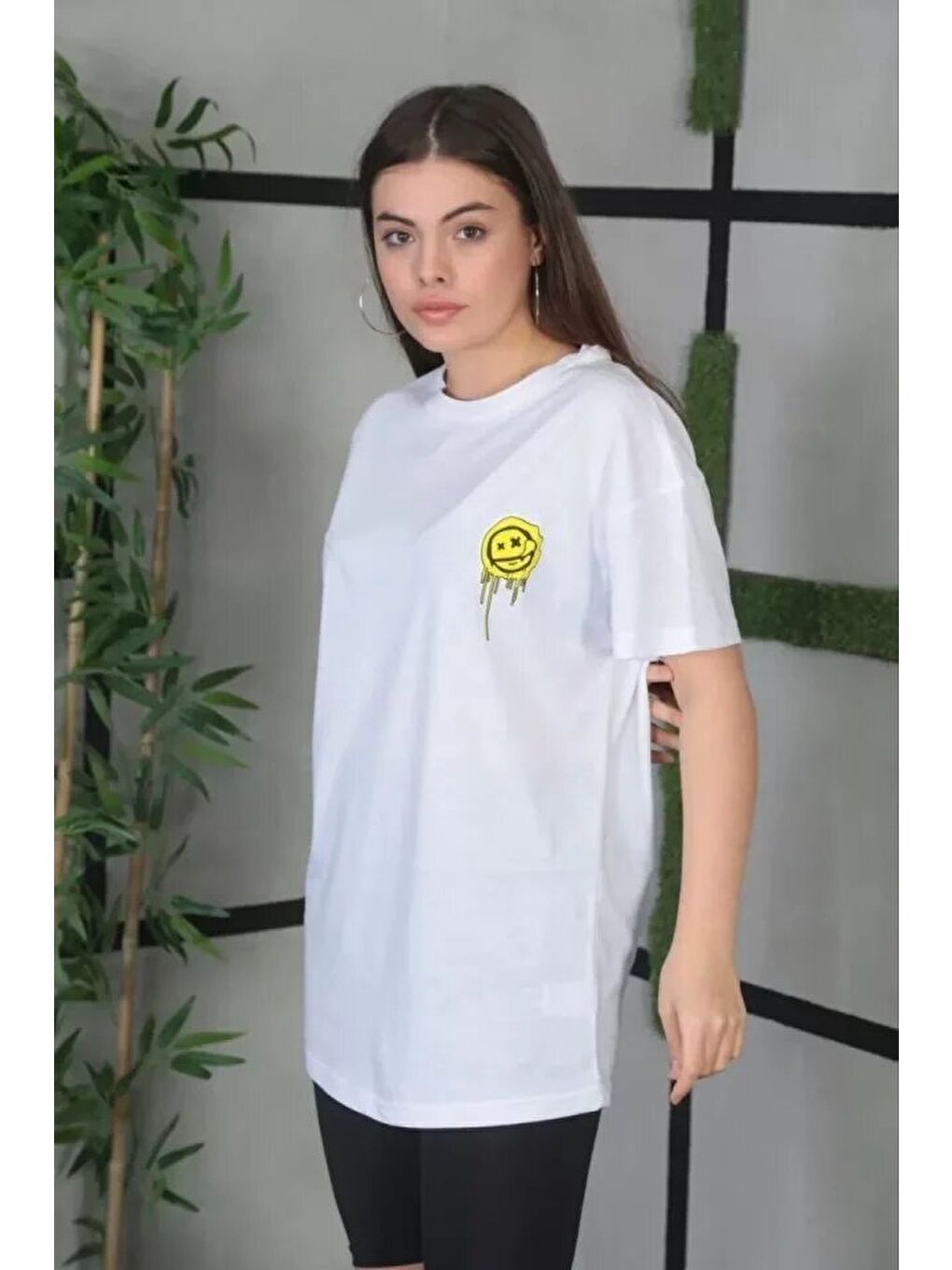 Unisex Bisiklet Yaka Baskılı Oversize T-Shirt - Beyaz-1