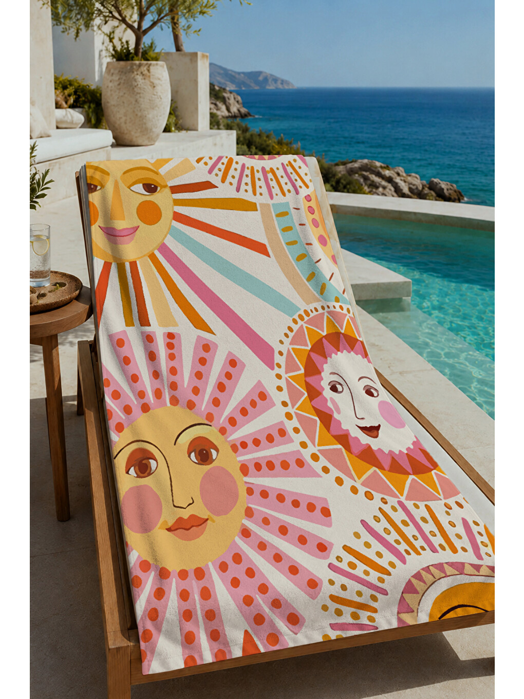 Sarı Turuncu Retro Güneş Yüzleri Desenli 70x150 Cm Dijital Baskılı Plaj Ve Banyo Havlusu