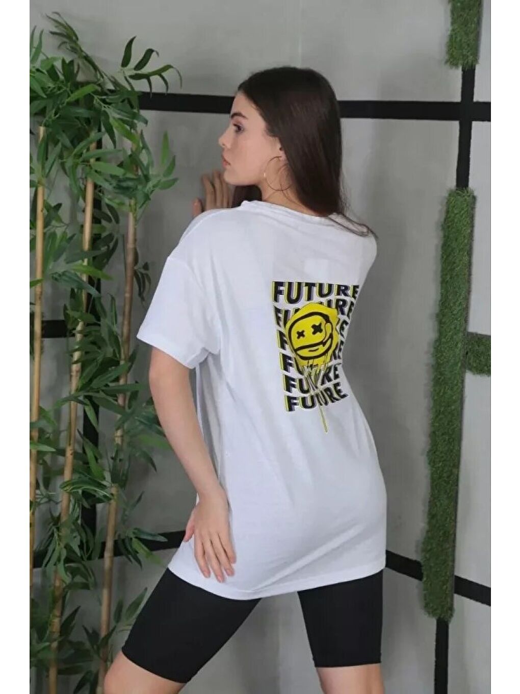 Unisex Bisiklet Yaka Baskılı Oversize T-Shirt - Beyaz-2