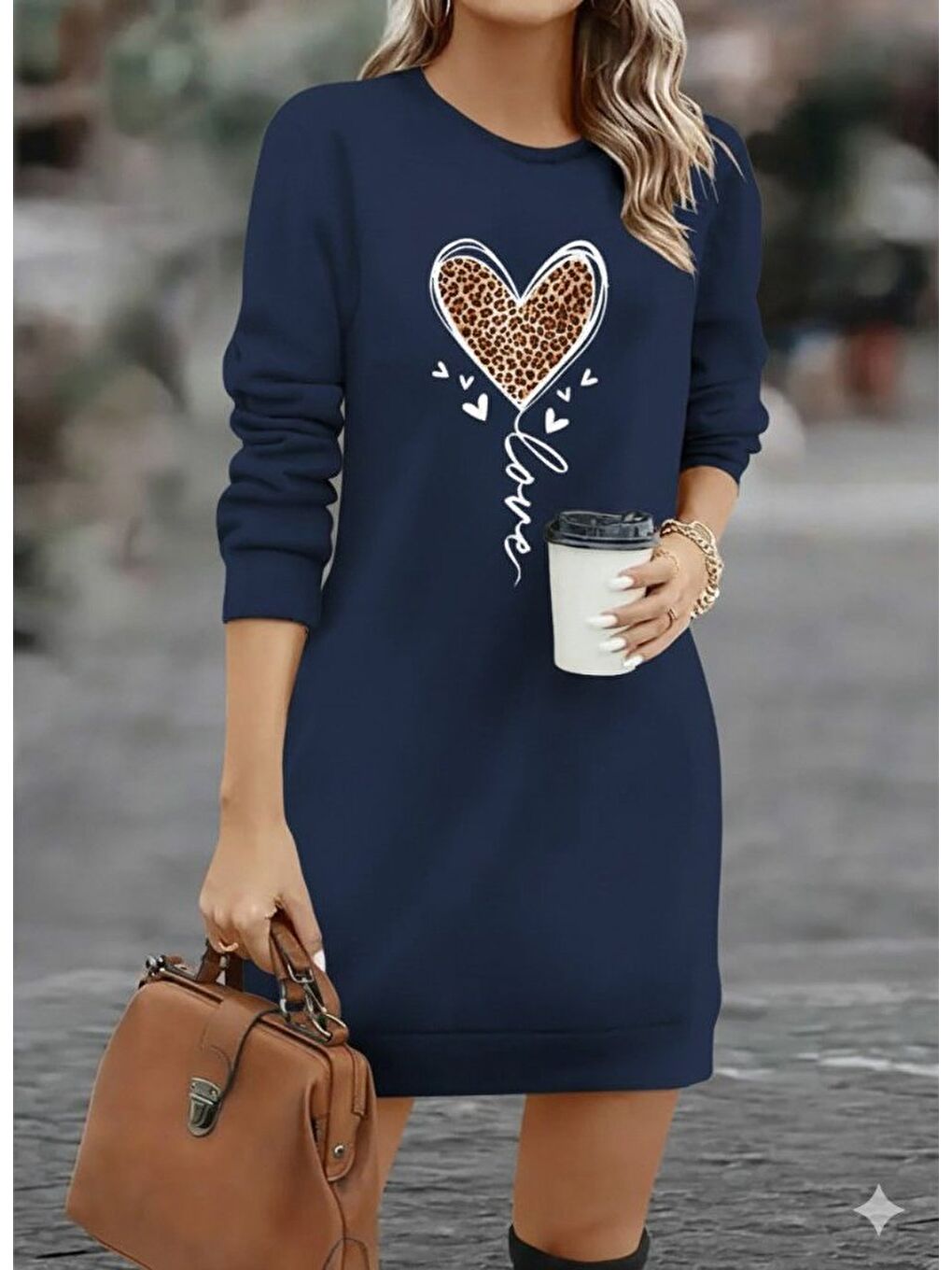 Lacivert Kadın Uzun Kollu Bisiklet Yaka Kalp Desenli Kısa Viskon Elbise