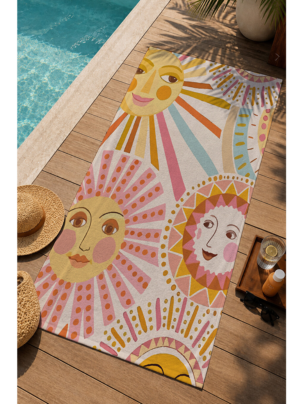 Sarı Turuncu Retro Güneş Yüzleri Desenli 70x150 Cm Dijital Baskılı Plaj Ve Banyo Havlusu-2