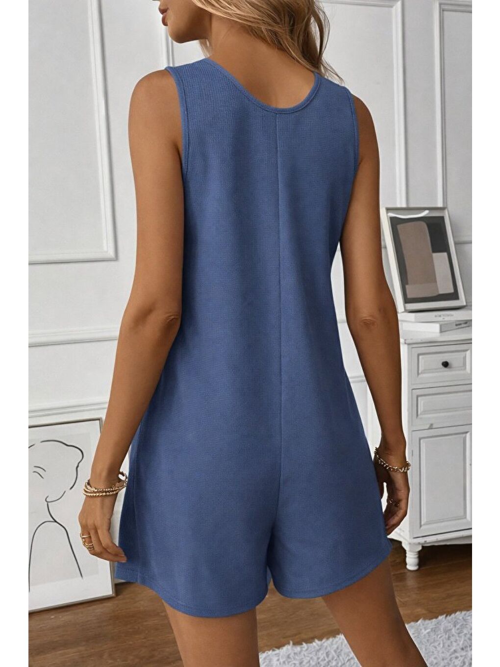 Mavi Kadın Omuz Askılı önden Düğmeli Waffle Kısa Tulum-3