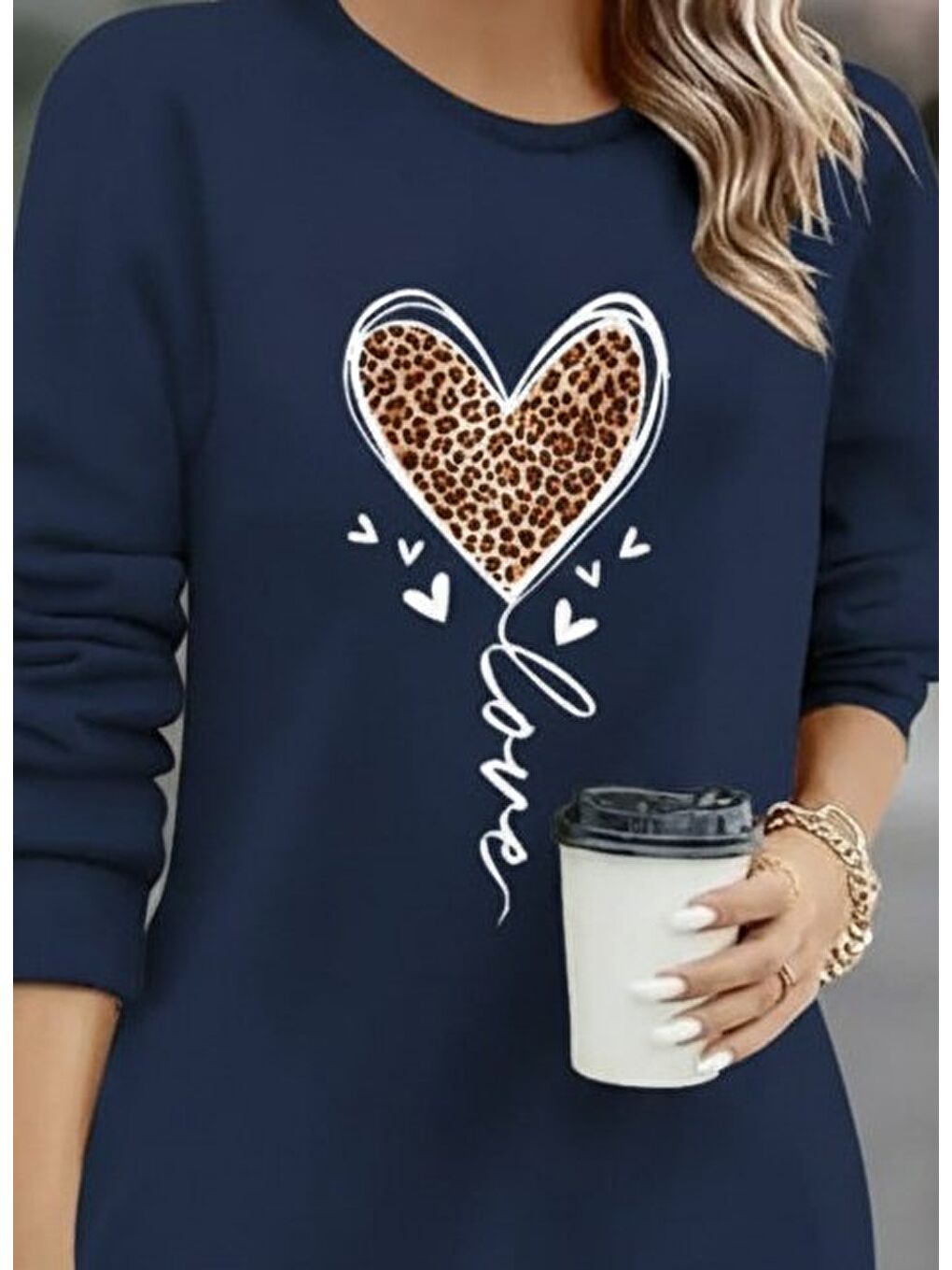 Lacivert Kadın Uzun Kollu Bisiklet Yaka Kalp Desenli Kısa Viskon Elbise-1