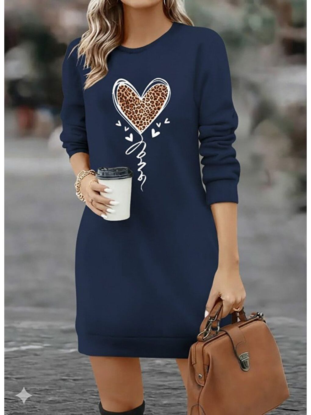 Lacivert Kadın Uzun Kollu Bisiklet Yaka Kalp Desenli Kısa Viskon Elbise-2