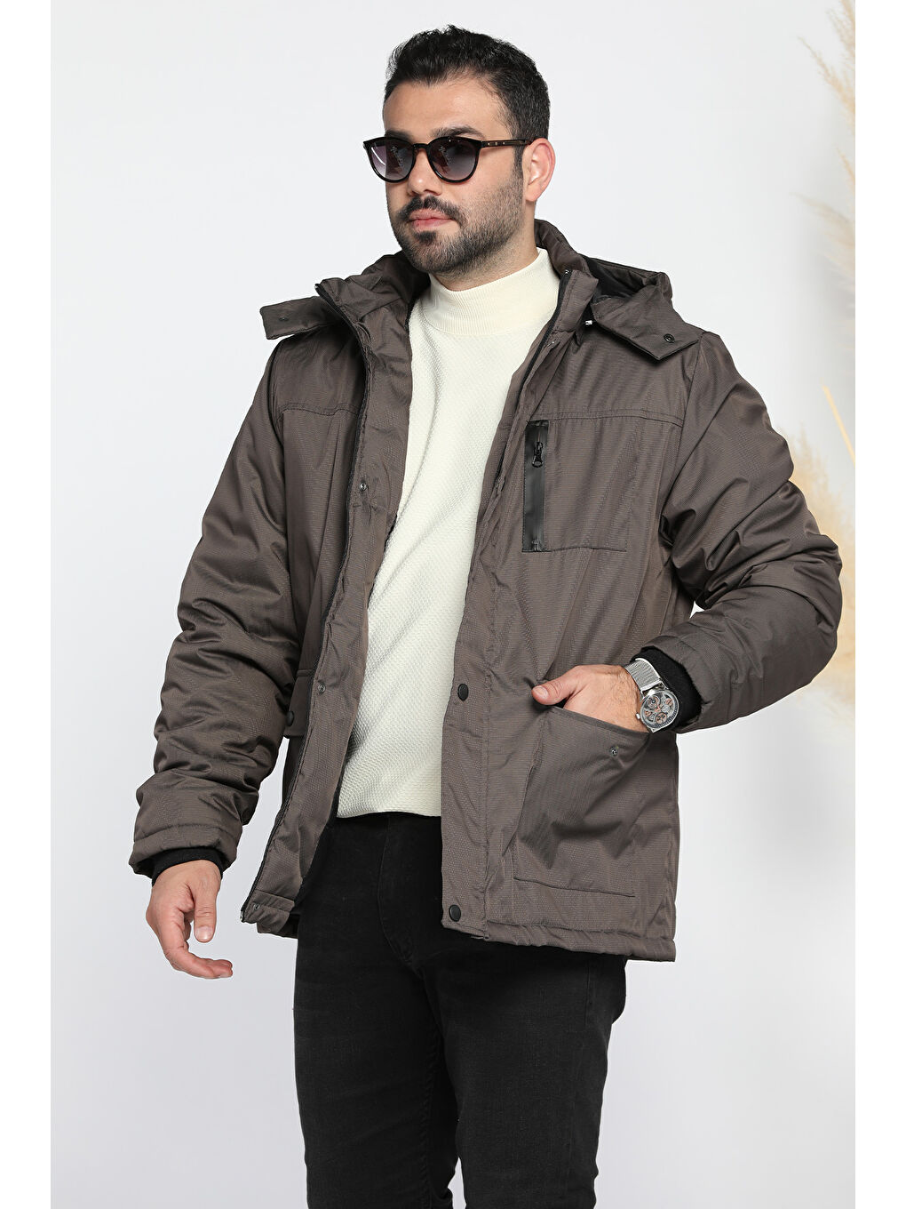 Gri Erkek Astarlı Kapüşonlu Fermuarlı Çıtçıtlı Mont