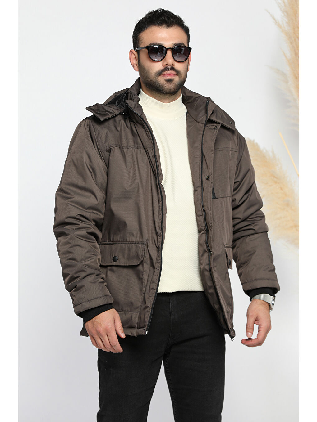 Gri Erkek Astarlı Kapüşonlu Fermuarlı Çıtçıtlı Mont-1