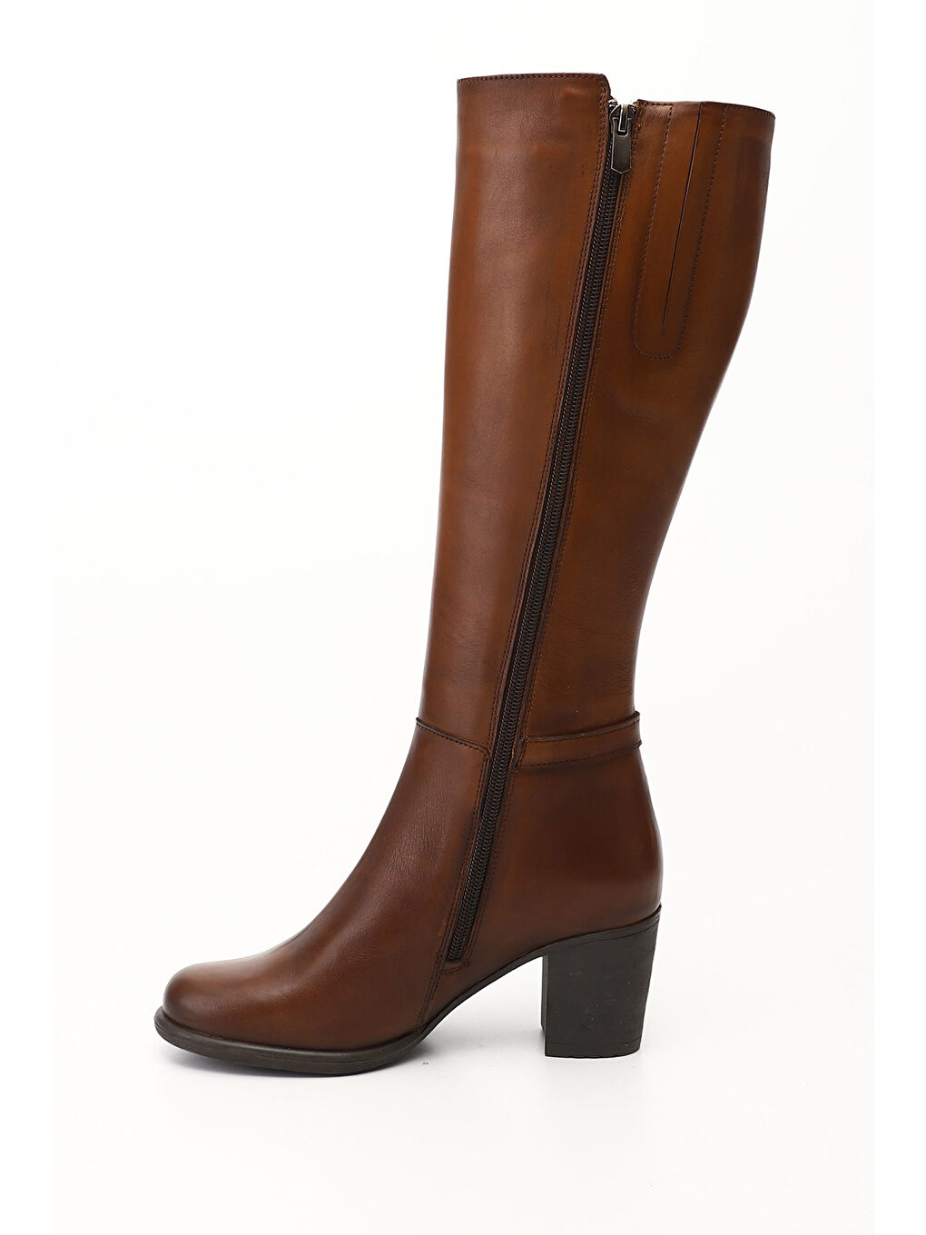Kahverengi Kadın KAHVERENGİ-TABA Fermuarlı Kalın Topuklu Hakiki Deri Çizme-2