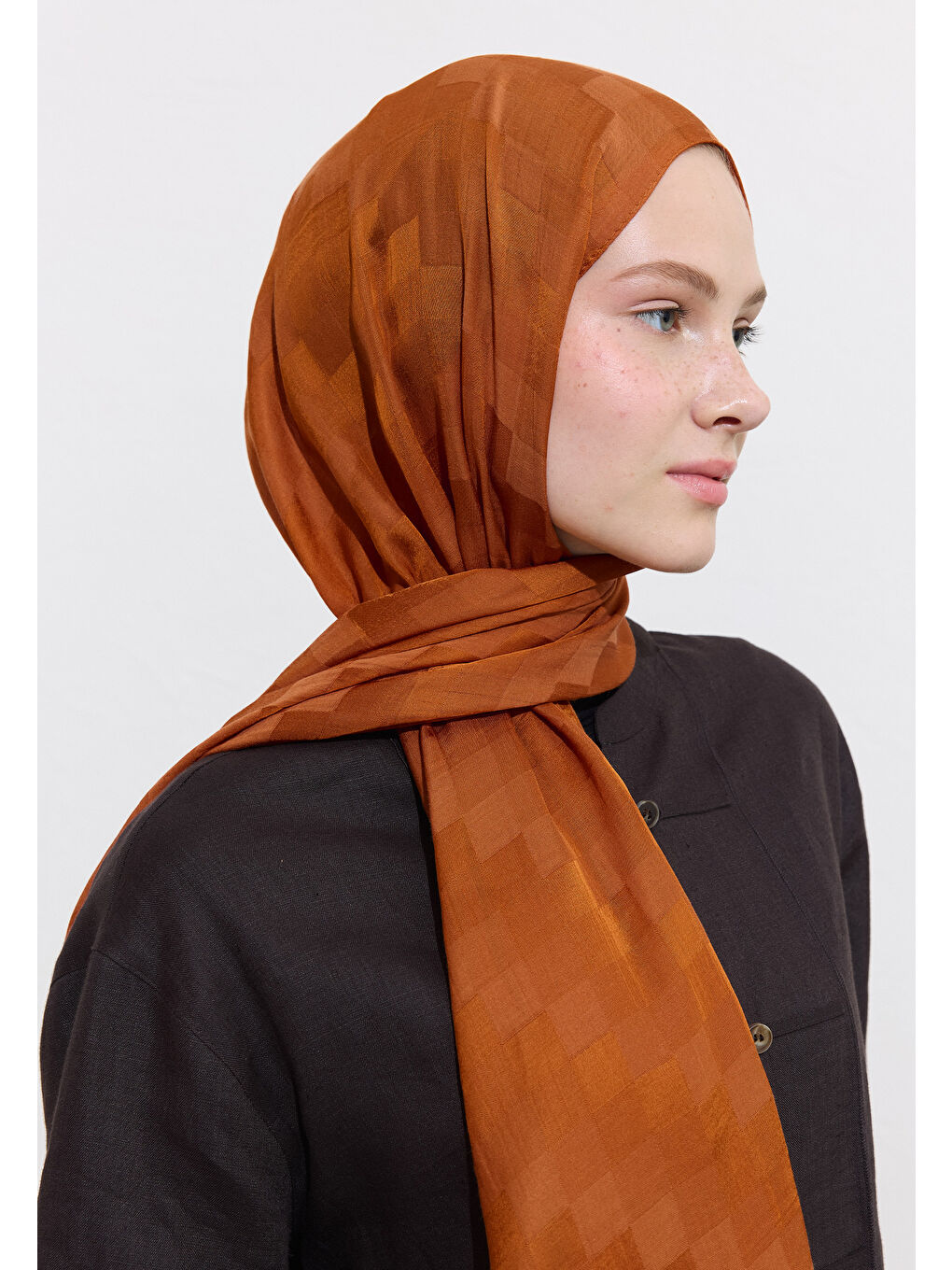 Kahverengi Nori İpek Jakar Şal Kiremit-1