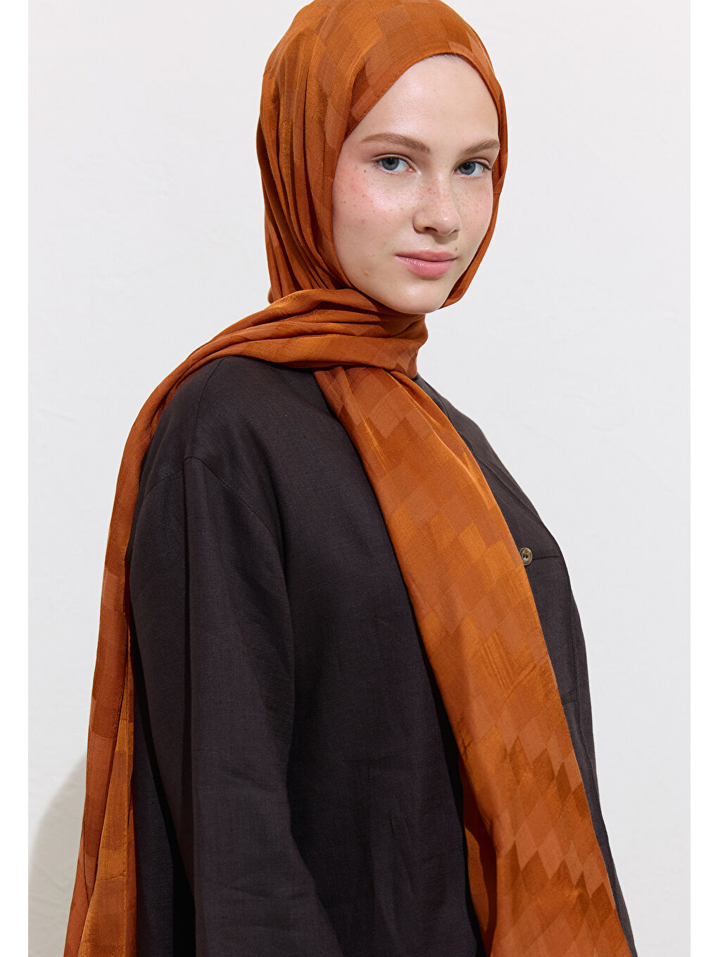 Kahverengi Nori İpek Jakar Şal Kiremit-2