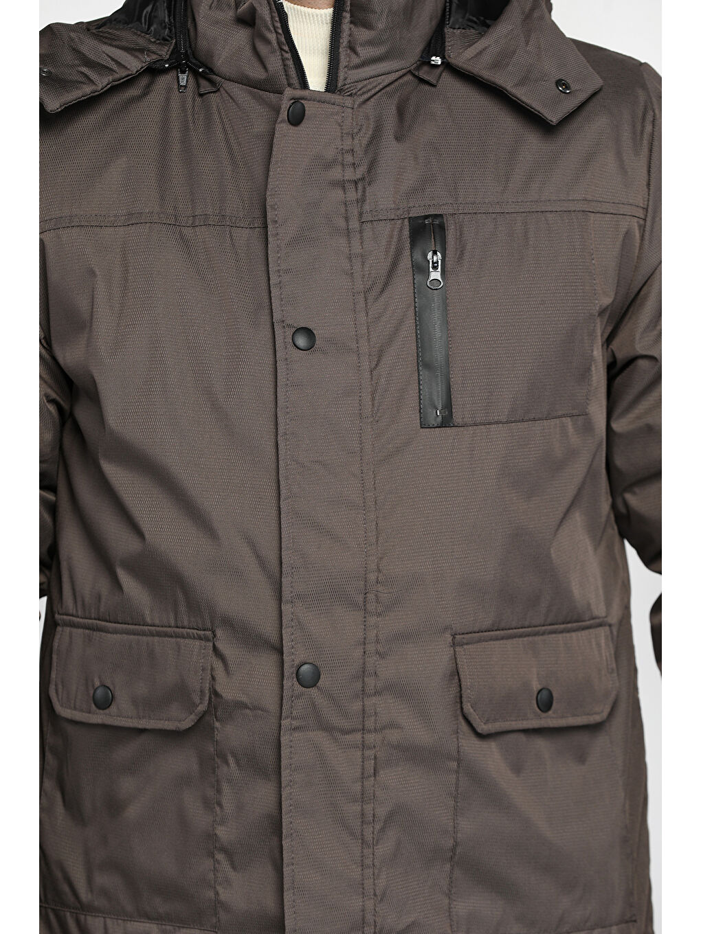 Gri Erkek Astarlı Kapüşonlu Fermuarlı Çıtçıtlı Mont-3