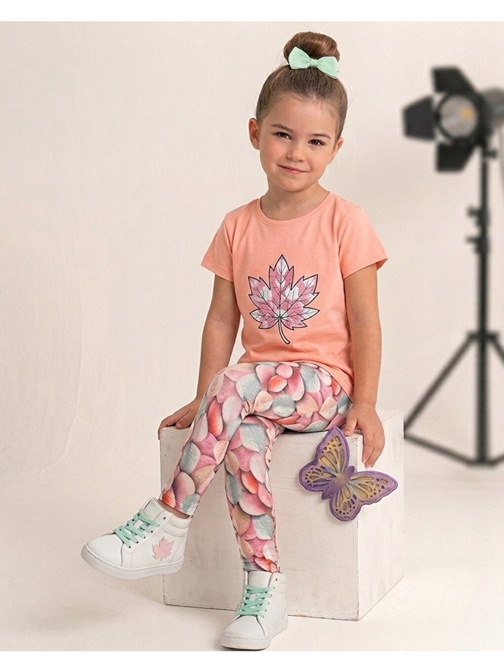 Pembe Kız Çocuk Yazlık Taytlı Baskılı T-shirtlü 2-3-4-5-6-7-8-9 Yaş 2'li Takım-1