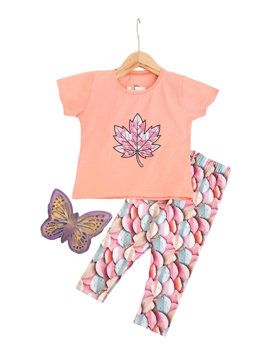 Pembe Kız Çocuk Yazlık Taytlı Baskılı T-shirtlü 2-3-4-5-6-7-8-9 Yaş 2'li Takım-2