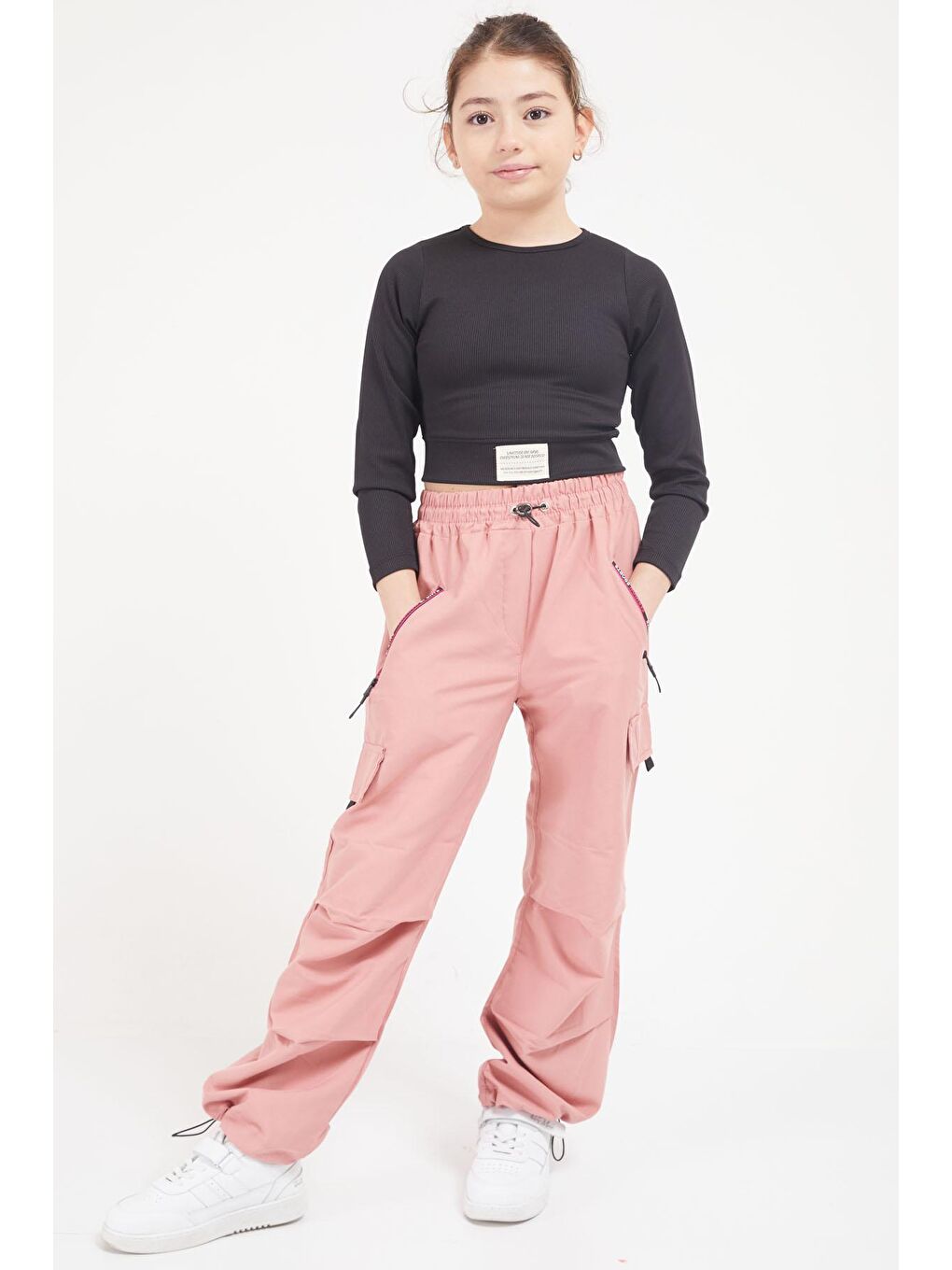 Pembe Şeritli Fermuarlı Kargo Cepli Kız Paraşüt Pantolon 17605-3