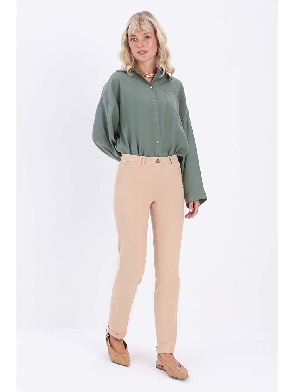 Bej Bisküvi-Pamuklu Duble Paça Dar Kesim Pantolon